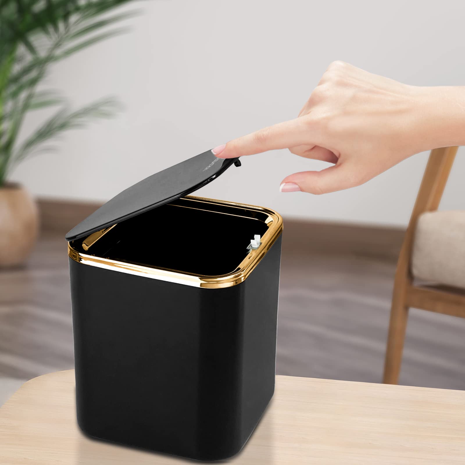 Mini Desktop Bin with Lid 2L,Trash Can,Waste Table Bin for Bedroom,Bathroom,Living Room,Dressing Table,Kitchen,ABS,Light Luxury (Black) - Image 4