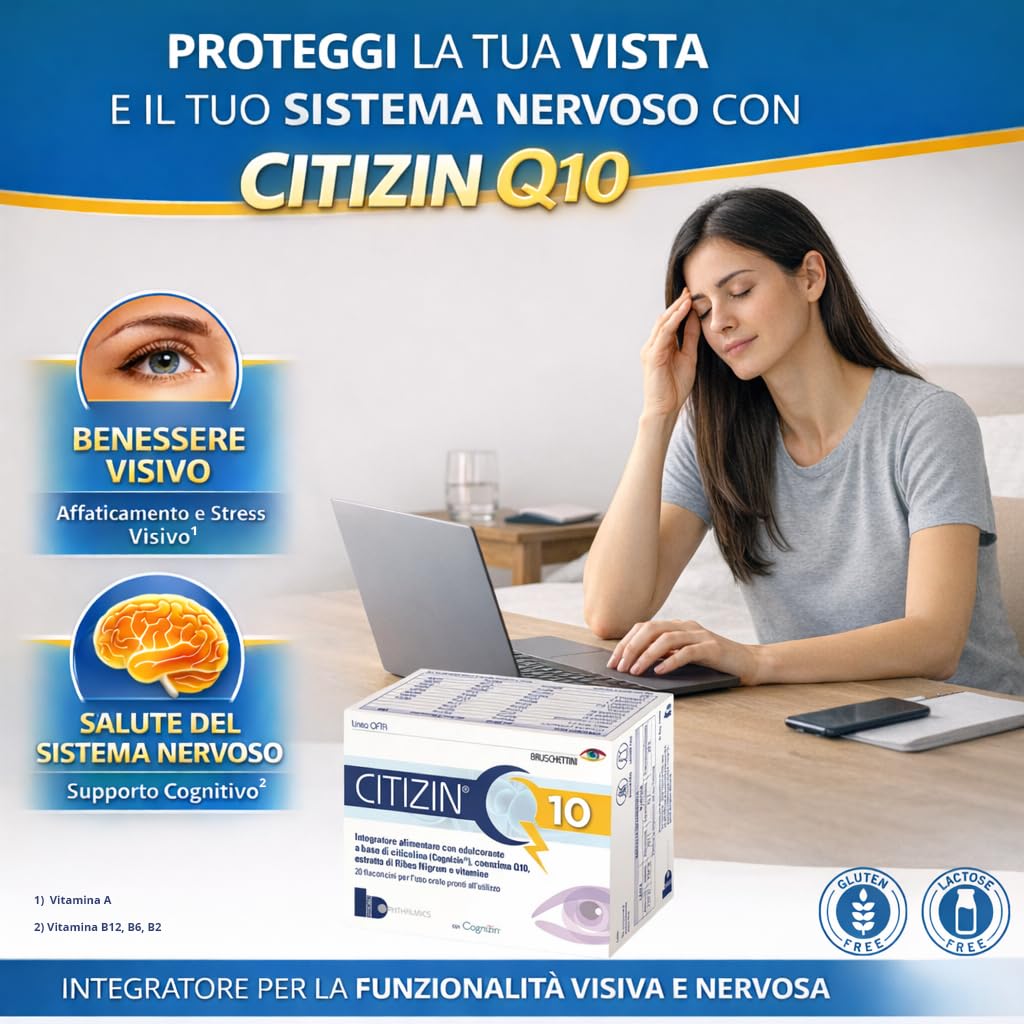 Q10 – 20 Flaconcini da 10 ml – Integratore Alimentare a base di Citicolina (Cognizin), Coenzima Q10, Vitamine A, C, E, Vitamine del gruppo B e Ribes nero