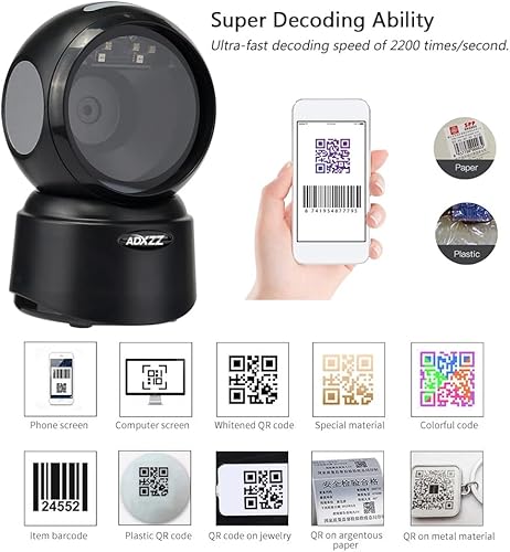Miniatura 5 de 2D QR Hands-Free Barcode Scanner with USB Cable, ADXZZ Auto-Sensing Scanning Omnidirectional Wired QR Code Scanner,Capture 1D 2D QR Bar Codes on