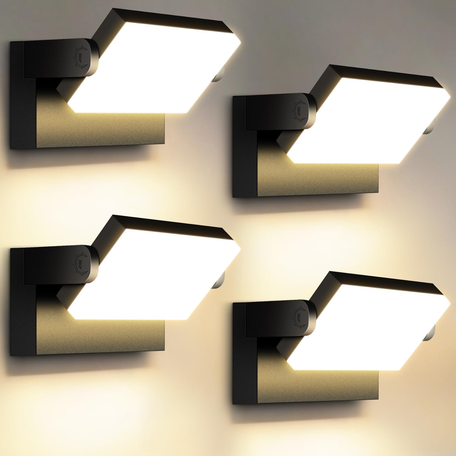 Kingwen Applique LED Esterno 4 Pezzi 40W 3000K Orientabile 360° Nera | 5000 lm, impermeabile IP65, in alluminio pressofuso, ideale per giardino, terrazza, ingresso e ambienti interni.