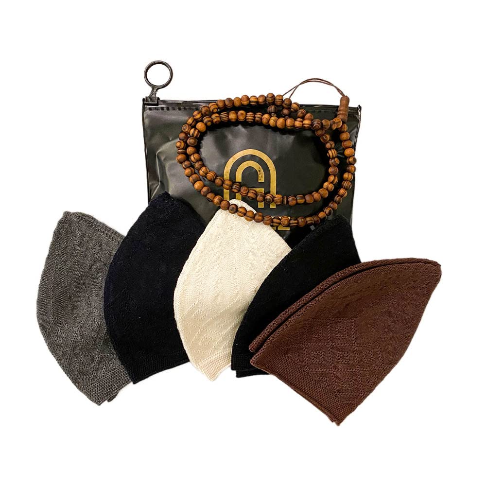 ABDEEZPack of 5 Prayer Caps & Wooden Prayer Beads (100 Count), Knitted Kufi, Skull Caps, Muslim Caps for Men | Prayer Pack, Misbaha, Tasbeeh, Buddha Beads