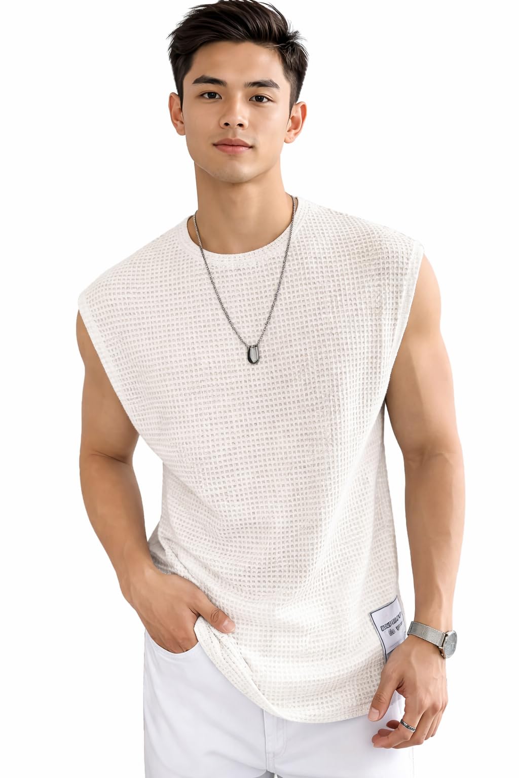 Men's Waffle Sleeveless Tank Top Round Neck Polycotton T-Shirt for Gym, Running and Outdoor-picture-38