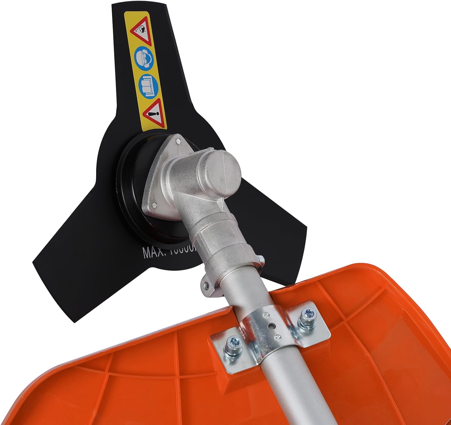 Close-up of the brush cutter attachment with a 3-tooth blade securely fastened to the shaft.