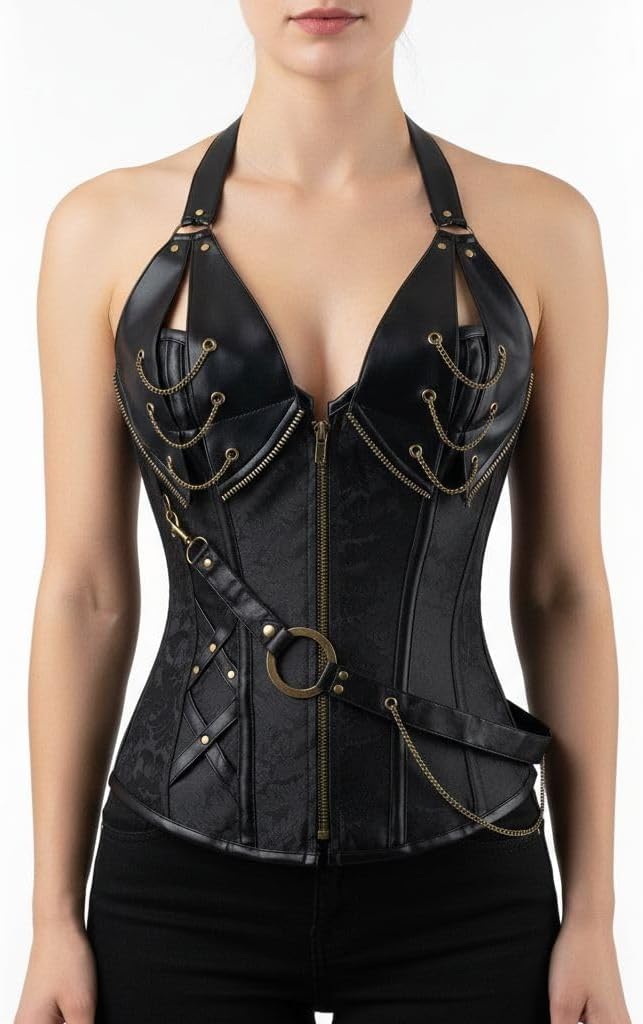 Cosfun Womens Leather Halter Corset Top Steampunk Corsets Bustiers Front Open Breast Zipper Lace-Up Back