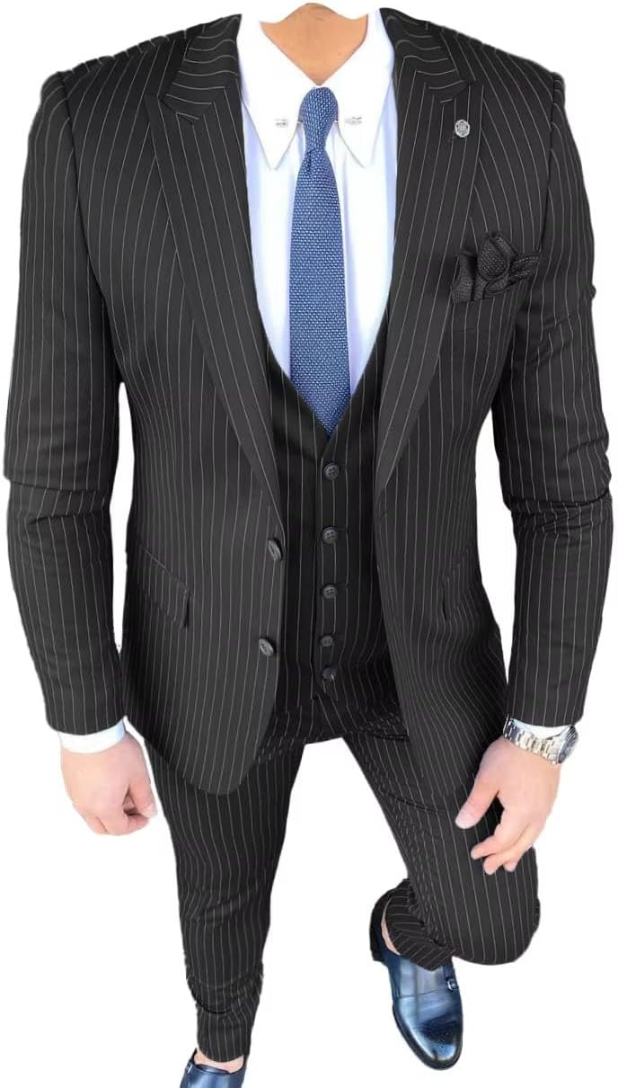 ORBITRAY Suit for Men 3 Piece Striped Blazer Vest Pants Single Breasted Pinstripe Suit Business Set