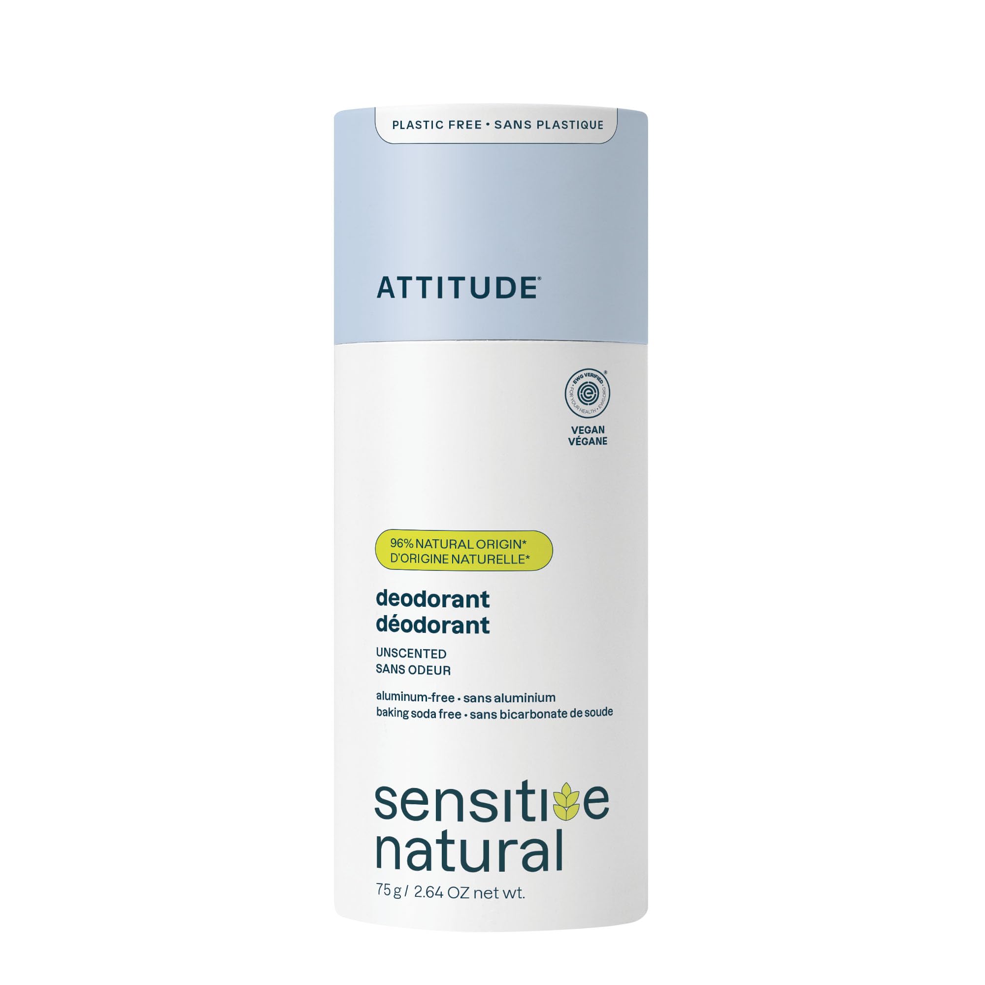 ATTITUDE Sensitive Skin Deodorant, Aluminum Free Deodorant for Women & Men with Oat Extract, Baking Soda Free, Gentle Odor Protection, Vegan, Fragrance Free, Unscented, 75 grams