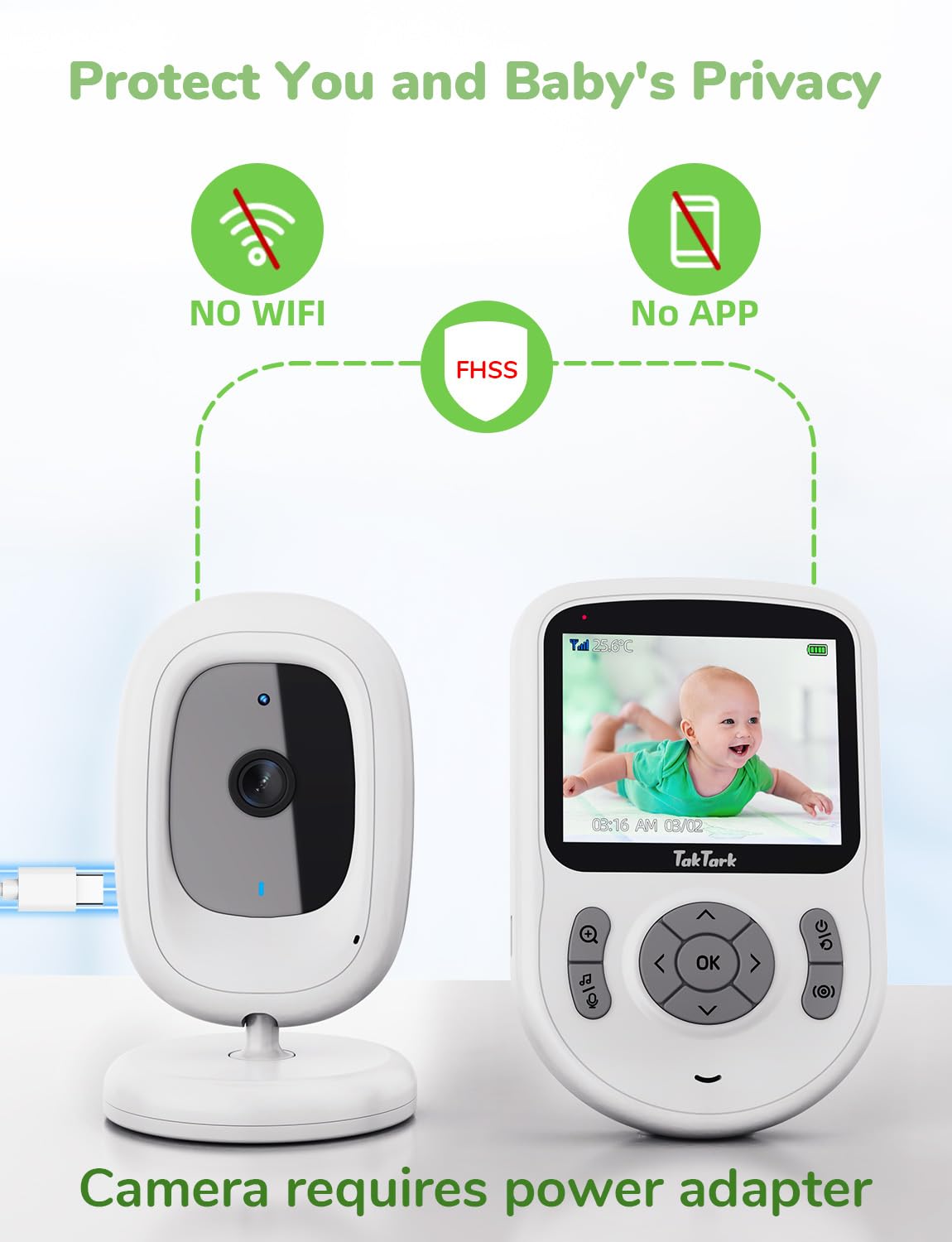 TakTark Camara Vigilancia Bebe, 2,8" 720P IPS vigilabebés con cámara 20 Horas Standby,Camara Vigilancia sin WiFi/App,VOX,conversación bidireccional,visión Nocturna,3xZoom,Vigilancia de la Temperatura