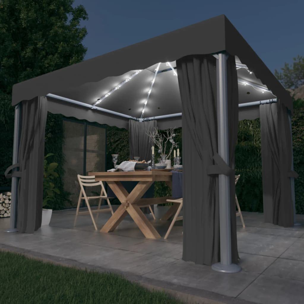 Gazebo 3x3 m Antracite Con Tende E Luci Led Solari | Alluminio e acciaio, poliestere con rivestimento PA, tetto doppio, zanzariere incluse