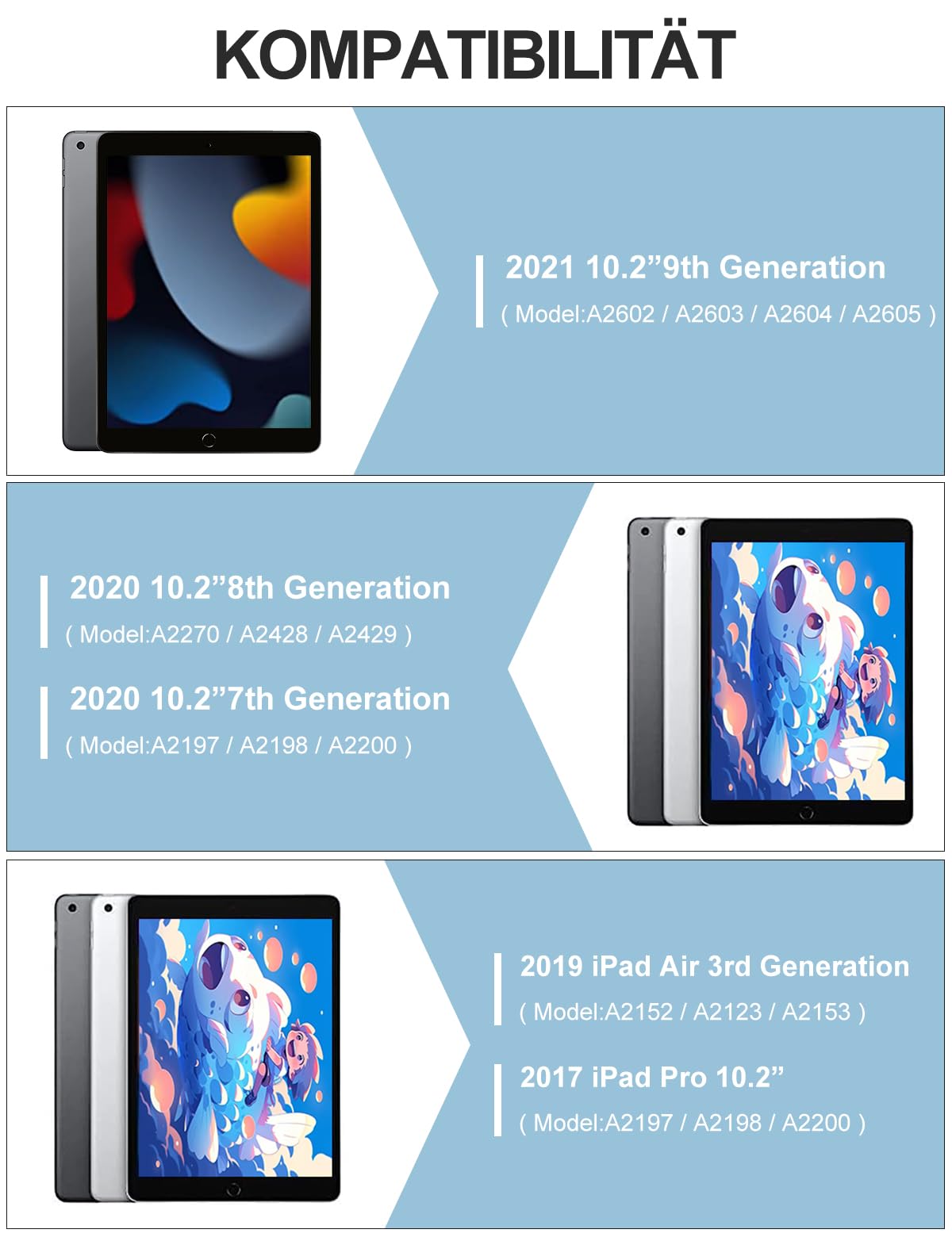 IVEOPPE Toetsenbord voor iPad 9e generatie, hoes met toetsenbord voor iPad 10.2 (9e/8e/7e generatie), magnetisch afneembaar 7-kleurige verlichting met QWERTZ-toetsenbord voor iPad Air 3 en Pro 10.5