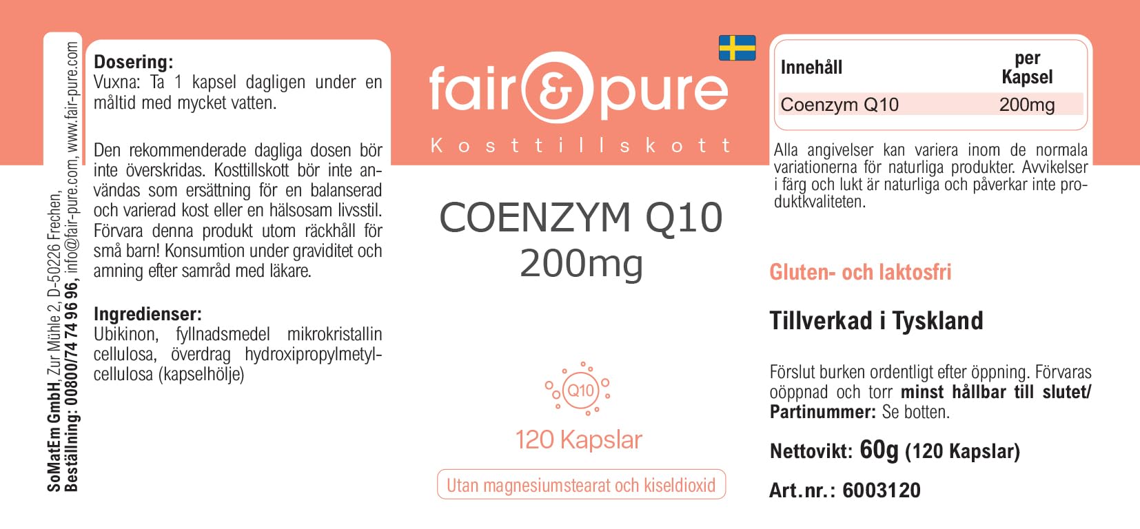 Fair & Pure Co-Enzyme Q10 Capsules 200mg, 120 pièces, complément alimentaire végétalien sans additifs, fabriqué en Allemagne