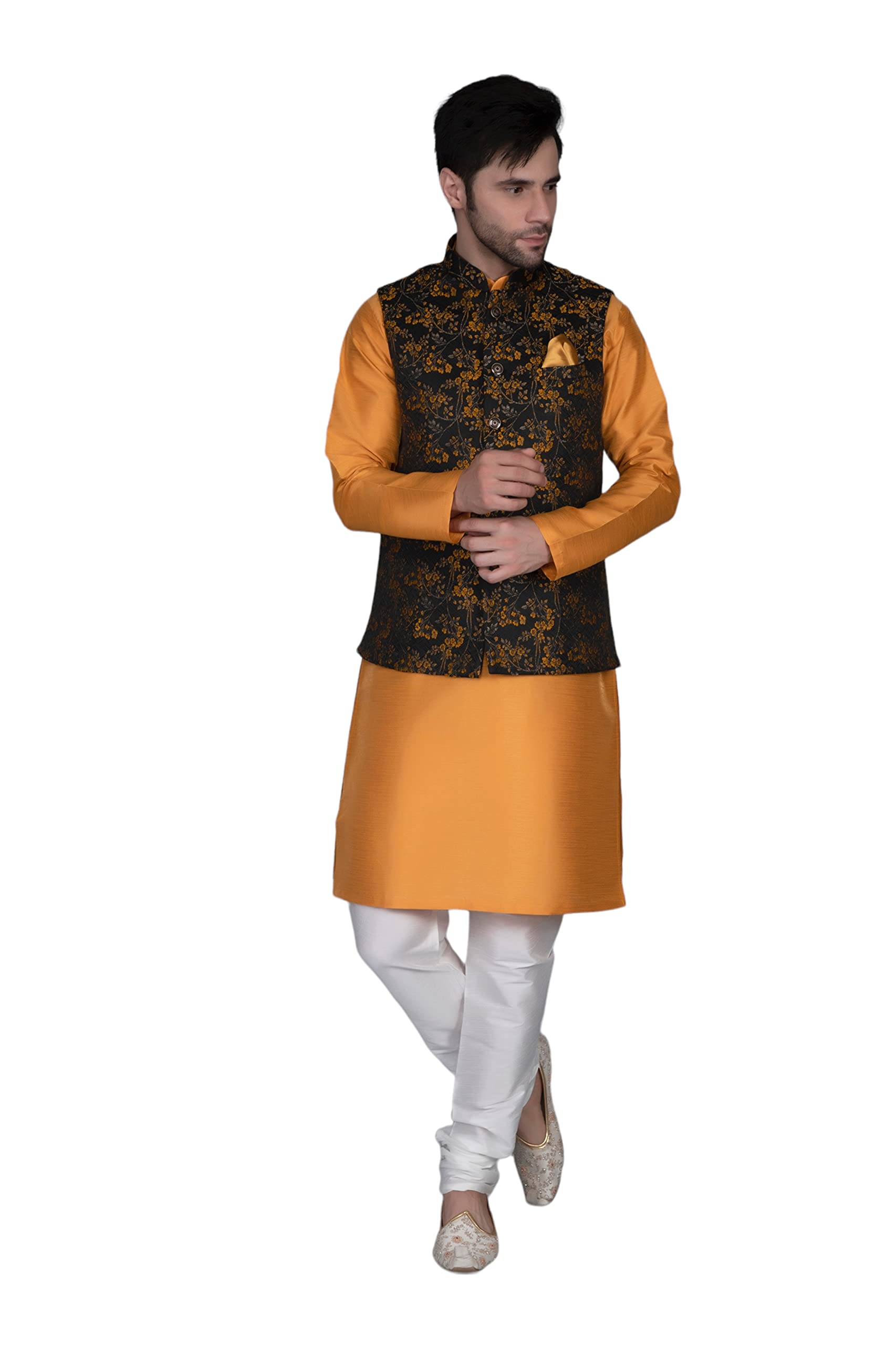 EthluxisMen's Silk Blend Kurta Churidar Pyjama with Ethnic Bundi Jacket Set