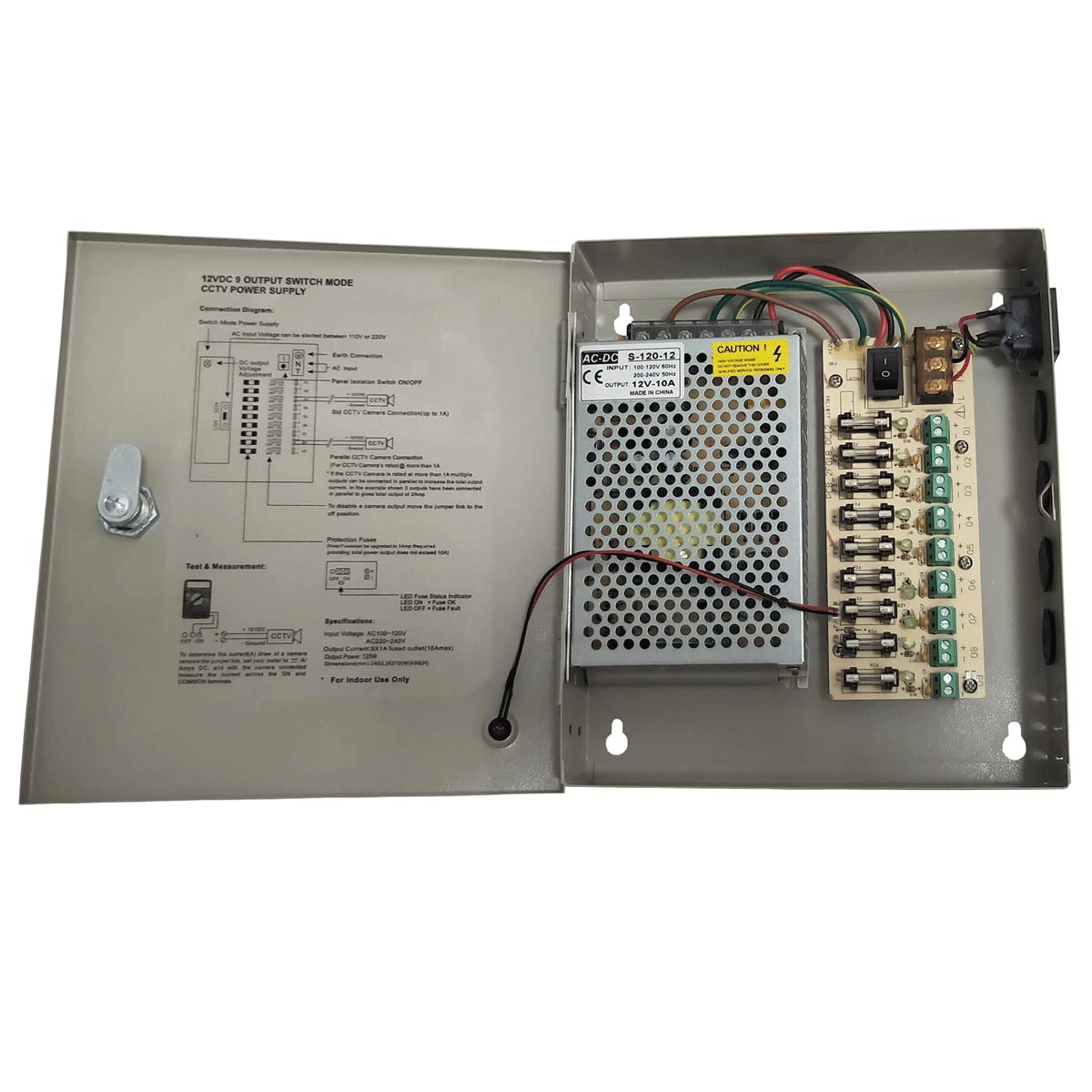 Yuarise Distribución de fuente de alimentación de la cámara de seguridad de 9 canales/puerto DC 12 V 10 Amp con caja de metal para cámaras de seguridad, cámaras IP, sistema de vigilancia CCTV DVR
