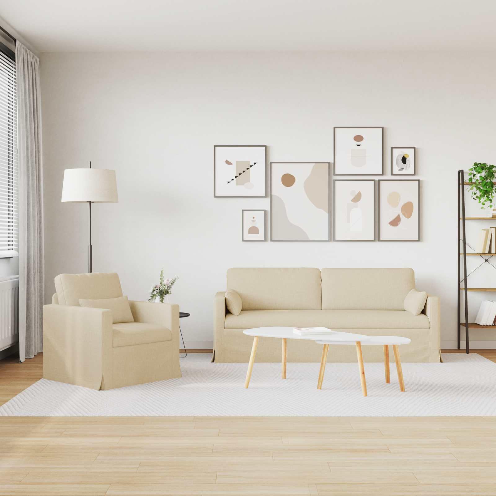 Moderno set di 2 divani modulari in tessuto, color crema, 198 x