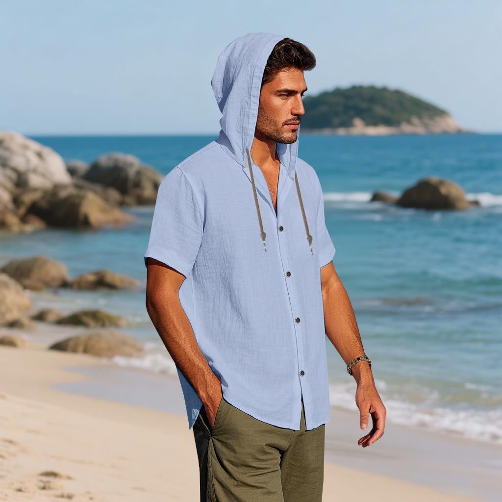 Men Linen Short Sleeve Button Down Shirt Summer Casual Hawaiian Beach Tops Lightweight Fashion Hoodies - Image 3