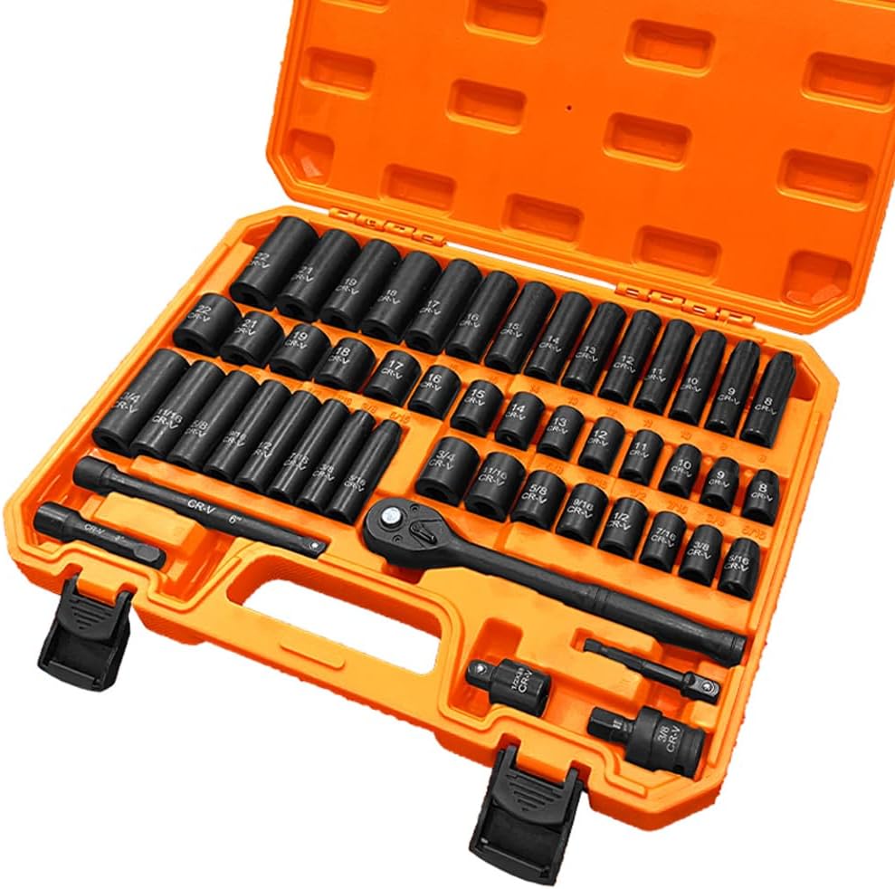 NEIKO 02440A 3/8-Inch-Drive Impact Socket Set, SAE Sizes 5/16" To 3/4" And Metric Sizes 8 Mm To 19 Mm, Includes Extension Bars And U-Joint, 44 Pieces