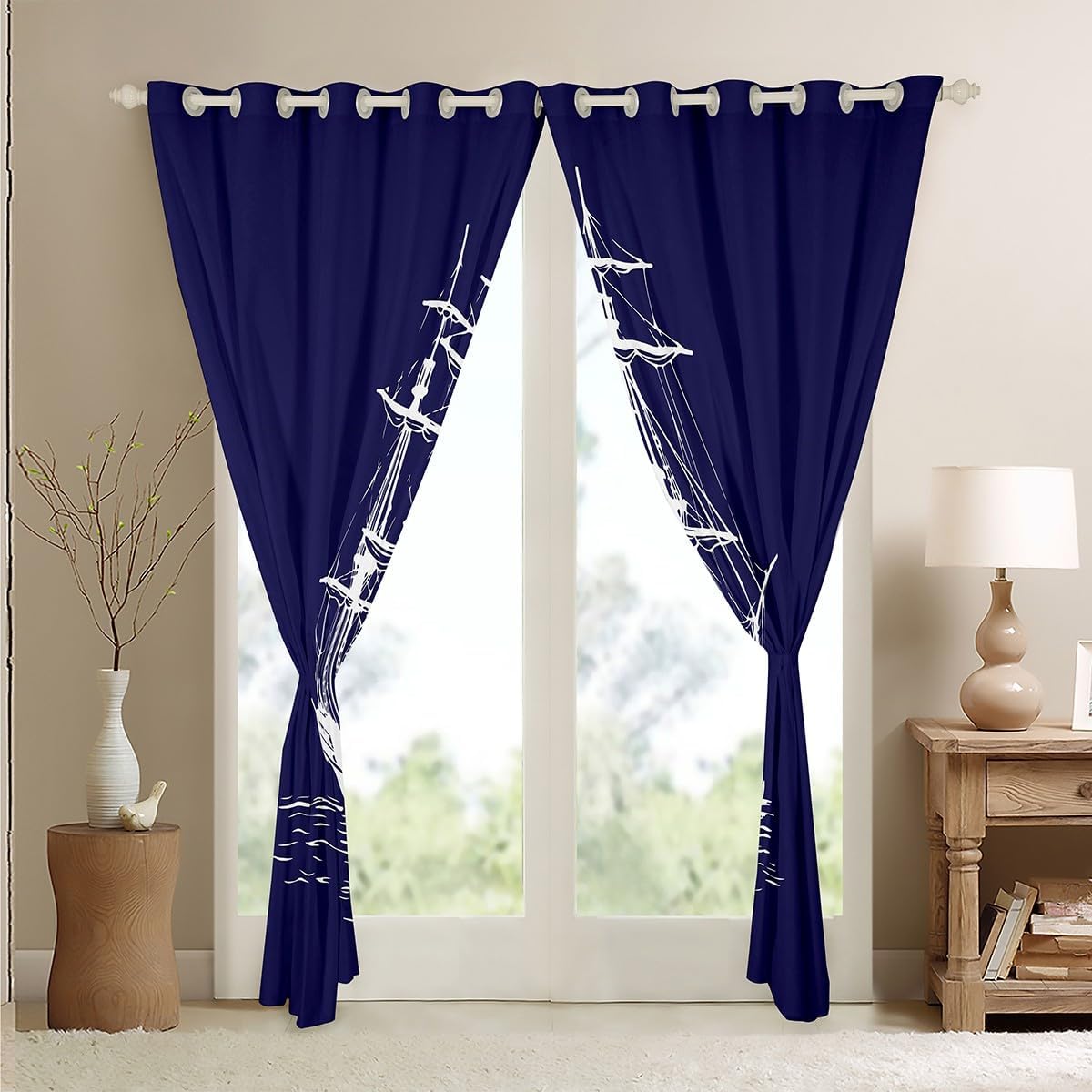 Feelyou Nautical Blue White Curtains Bedroom Living Room (2 Panels, 52 x 84 Inch) Nautical Themed Blackout Curtains Anchor Decor Darkening Drapes Nautical Window Treatments Sailboat Printed