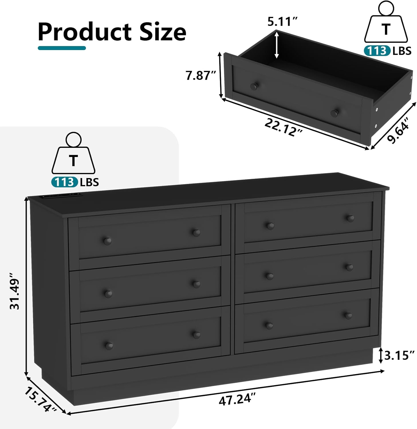 Diagram showing the dimensions of the Loomie 6 Drawer Dresser