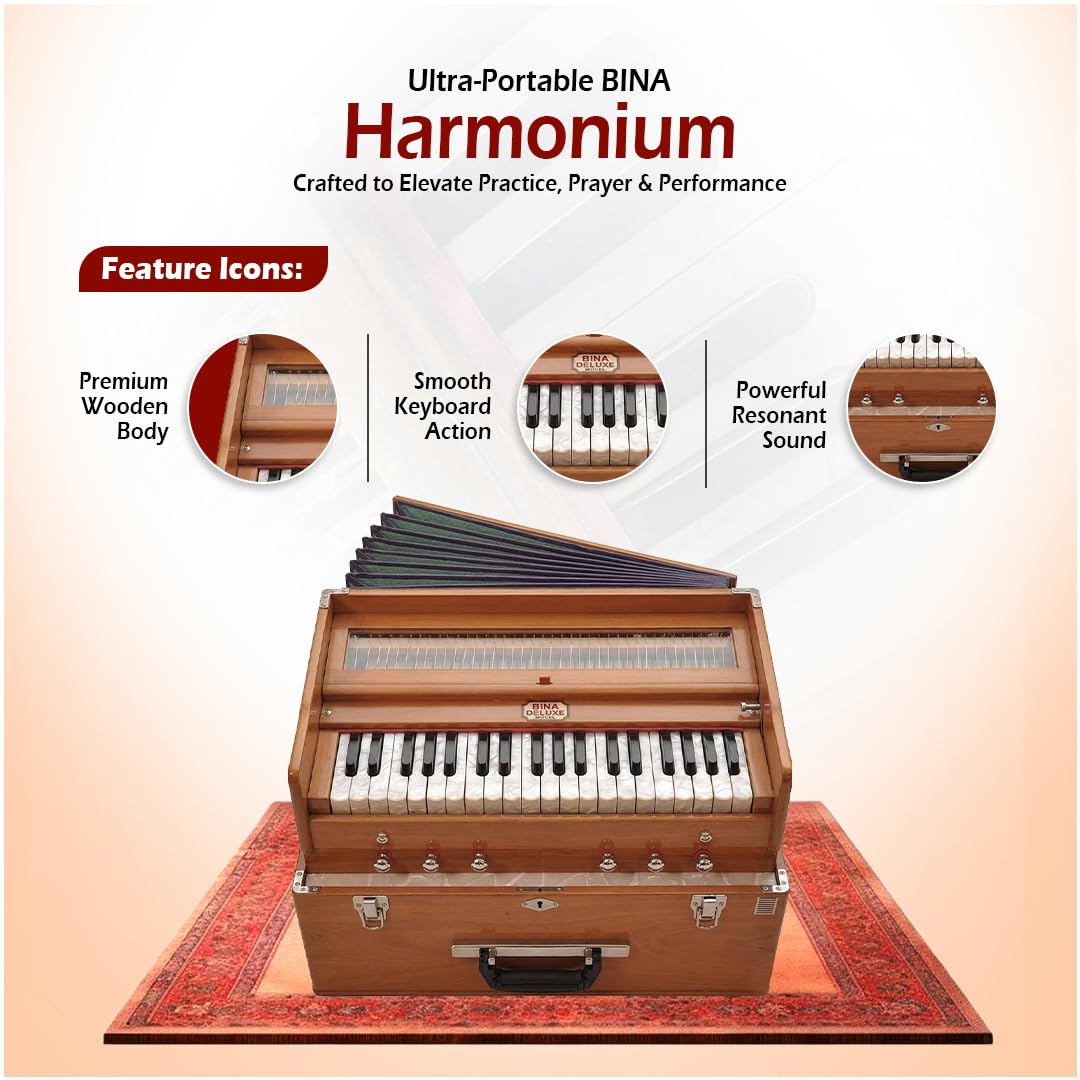 Tragbares Harmonium BINA 23B Faltbarer Safari 3 1/4 Oktaven 6 Stops klassische Holzfarbe, Kupplung, Nylontasche, indisches Musikinstrument, Kirtan 440 Hz