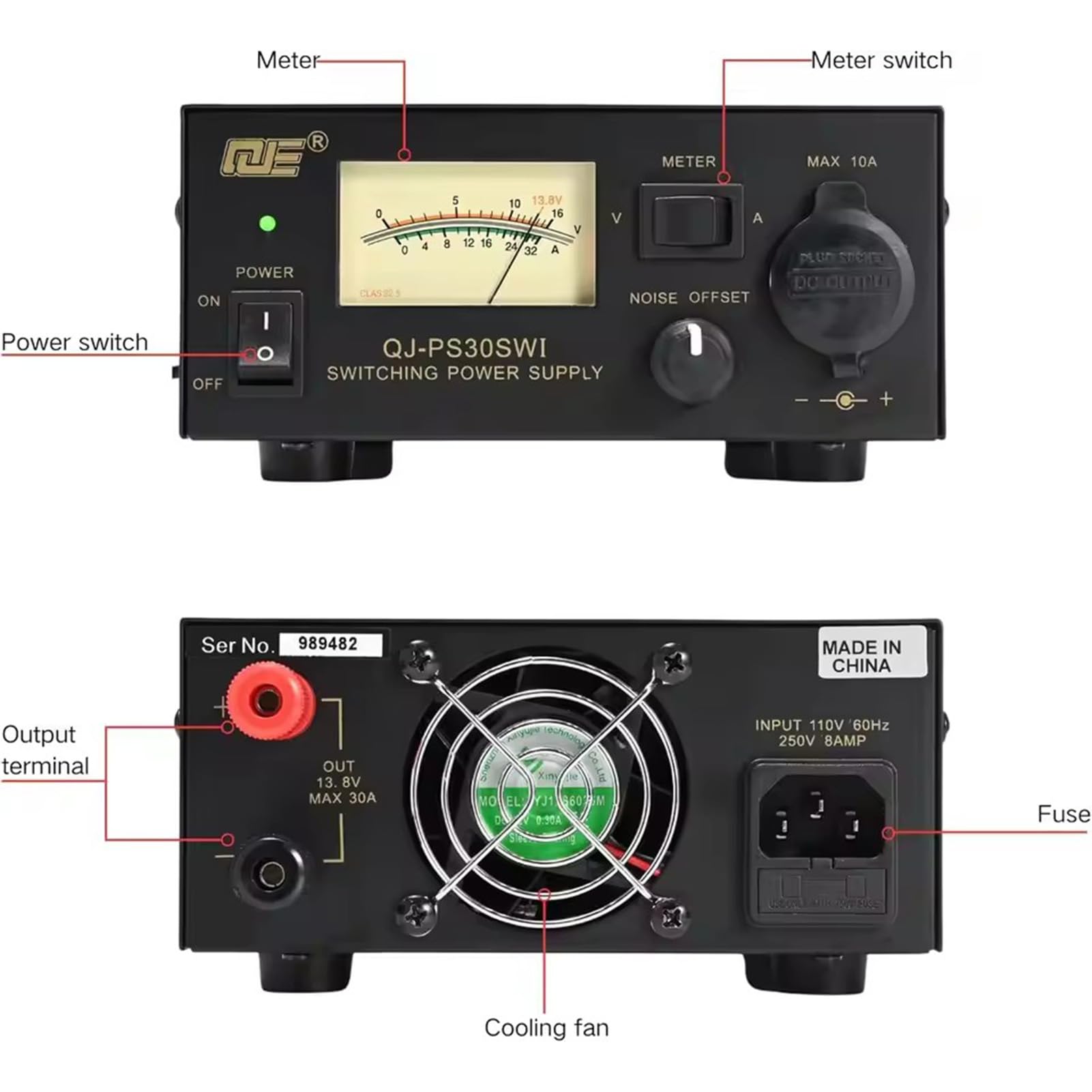 Alimentation de Table 13,8 V 30 A, Alimentation à découpage régulée pour Radio Amateur, Compteur analogique rétro avec rétroéclairage, Contrôle du décalage du Bruit