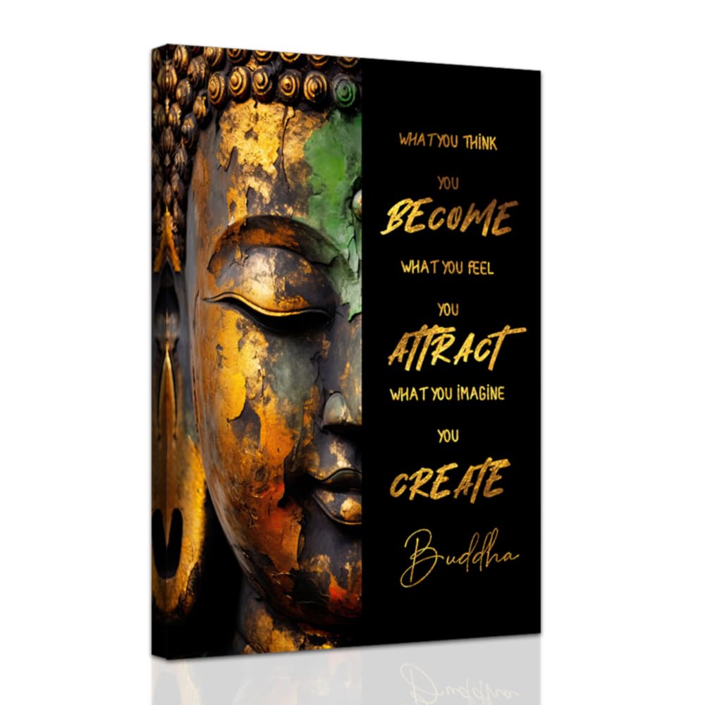 ZXHYWYM Buddhist Motivational Wall Art Buddha Quotes Canvas Pictures Zen Bathroom Painting Spa Artwork Prints for Yoga Room Office Decor Framed (70 x 105 cms)