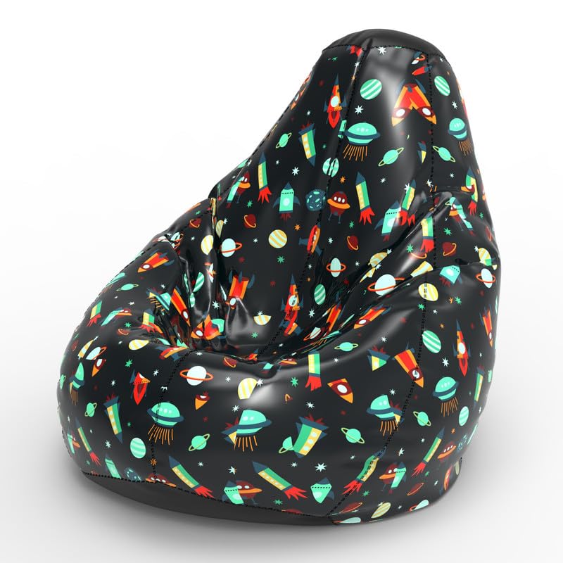 Image of Biggie Bean Bag 2XL Bean Bag Chair with Beans Filled-Perfect for Living Room,Bedroom,Study-Sale Design(Printed - Full-Space Rocket - F - Black)-Faux Leather