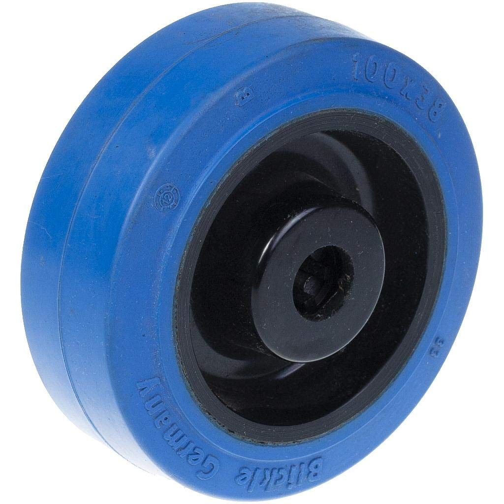 Roue en caoutchouc bleu 80 mm avec centre en nylon pour une capacité de 140 kg.