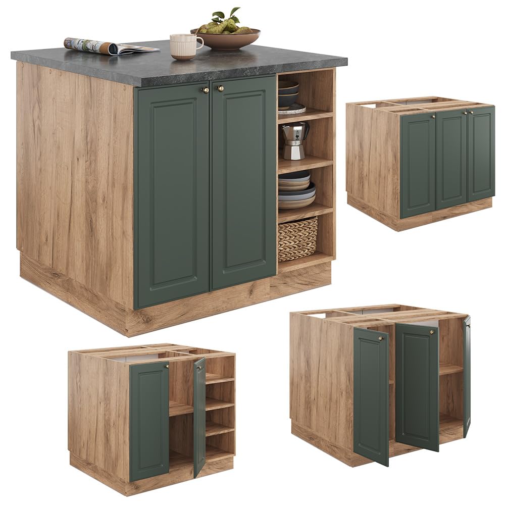 Vicco Fame-Line Kitchen Island, Green Oak and Gold/Golden Oak, 90 cm | PT-free, suitable for flexible extension with additional modules