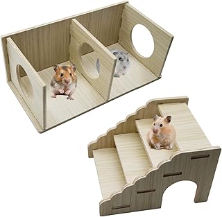 2-Chamber Hamster Tunnel & Wooden Climbing Ladder Bridge,Wooden Hamster Hideout with Ladder for Dwarf Syrian Hamsters Gerbils Mice or Other Small Pets