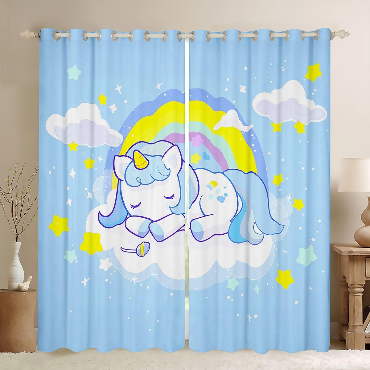 Beau rideau de fenêtre licorne pour chambre à coucher, taille L étoile jaune blanc scintillant nuage arc-en-ciel sucettes impression ombre décoration de la maison cheval bleu mignon rideaux de fenêtre