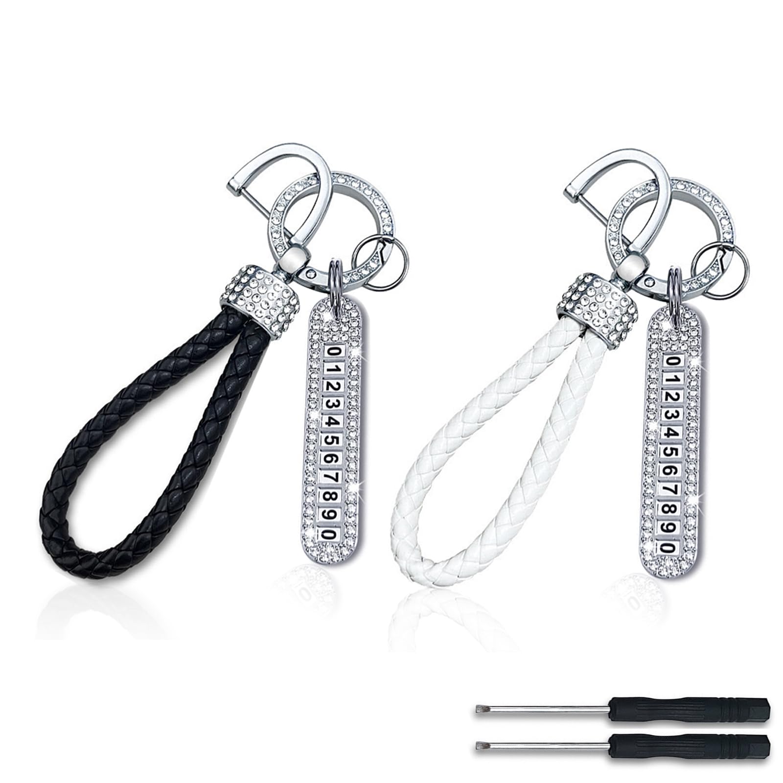DHSWNNGLeather Car Keychain, 2 PCS Bling Universal Keyrings for Car Keys with 360°Rotatable Swivel Anti-Lost D-Ring Rhinestones Keychains Strap Key Chains for Women Men (White Black)