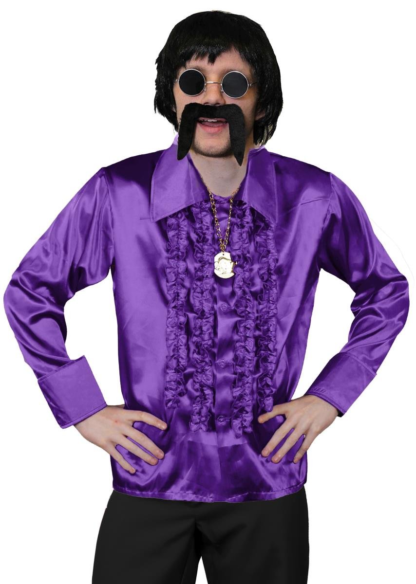 MENS 70S DISCO FANCY DRESS COSTUME, MENS SHORT BLACK WIG, PURPLE DISCO SHIRT, GOLD MEDALLION, BLACK GLASSES + BLACK MOUSTACHE