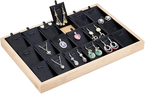 PH PandaHall Bandejas organizadoras de joyas, 18 rejillas, colgantes, aretes, collar, escaparate, escaparate, con piel sintética, apilable, bandeja