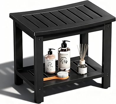 Psilvam 21" Poly Lumber Waterproof Shower Bench with Storage Shelf, Non-Slip Shower Stool, Extra Wide Wood Like Shower Chair Seat for Bathroom, Indoor & Outdoor Use, No Maintenance RequiredBlack