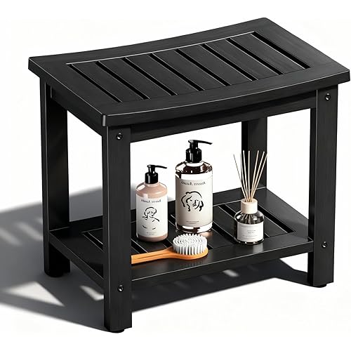 Psilvam 21" Poly Lumber Waterproof Shower Bench with Storage Shelf, Non-Slip Shower Stool, Extra Wide Wood Like Shower Chair Seat for Bathroom, Indoor & Outdoor Use, No Maintenance Required（Black）