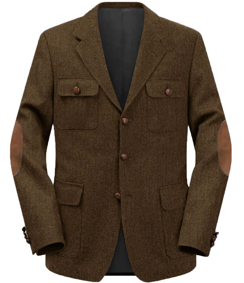 Men's Herringbone Tweed Jacket Elbow Path Blazers for Man Sport Coat for Wedding Prom