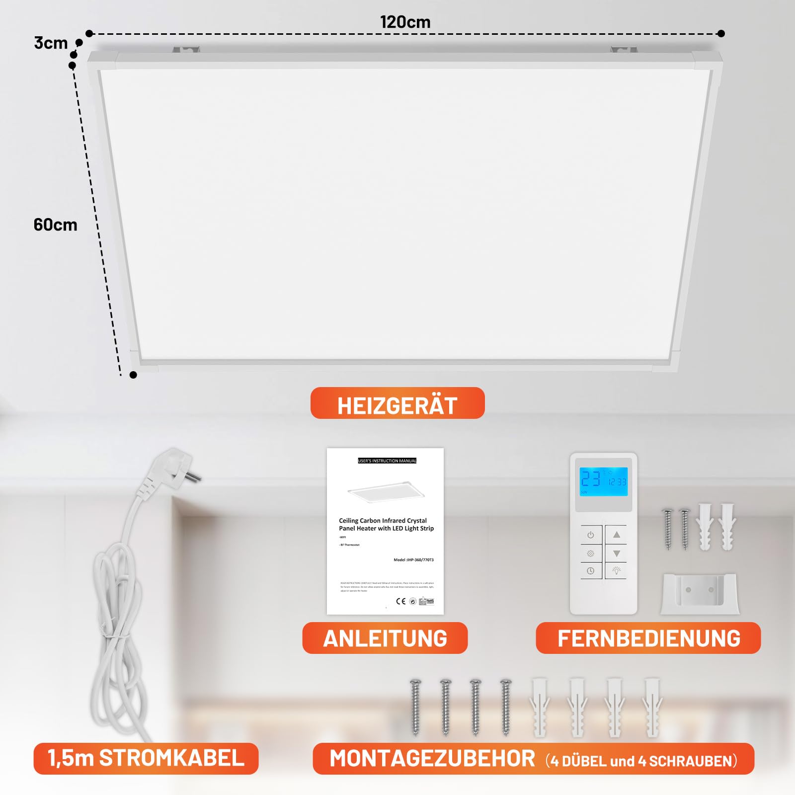 Calefacción por infrarrojos 770 W, luz LED de techo, wifi/app