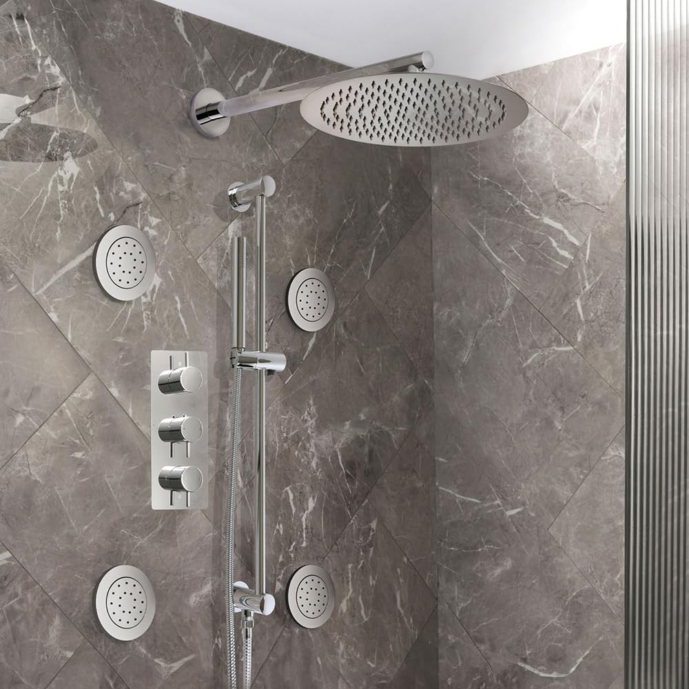 Milano Otto Thermostatic Mixer Valve 300mm Shower Head Handset Riser Rail Body Jets - Chrome