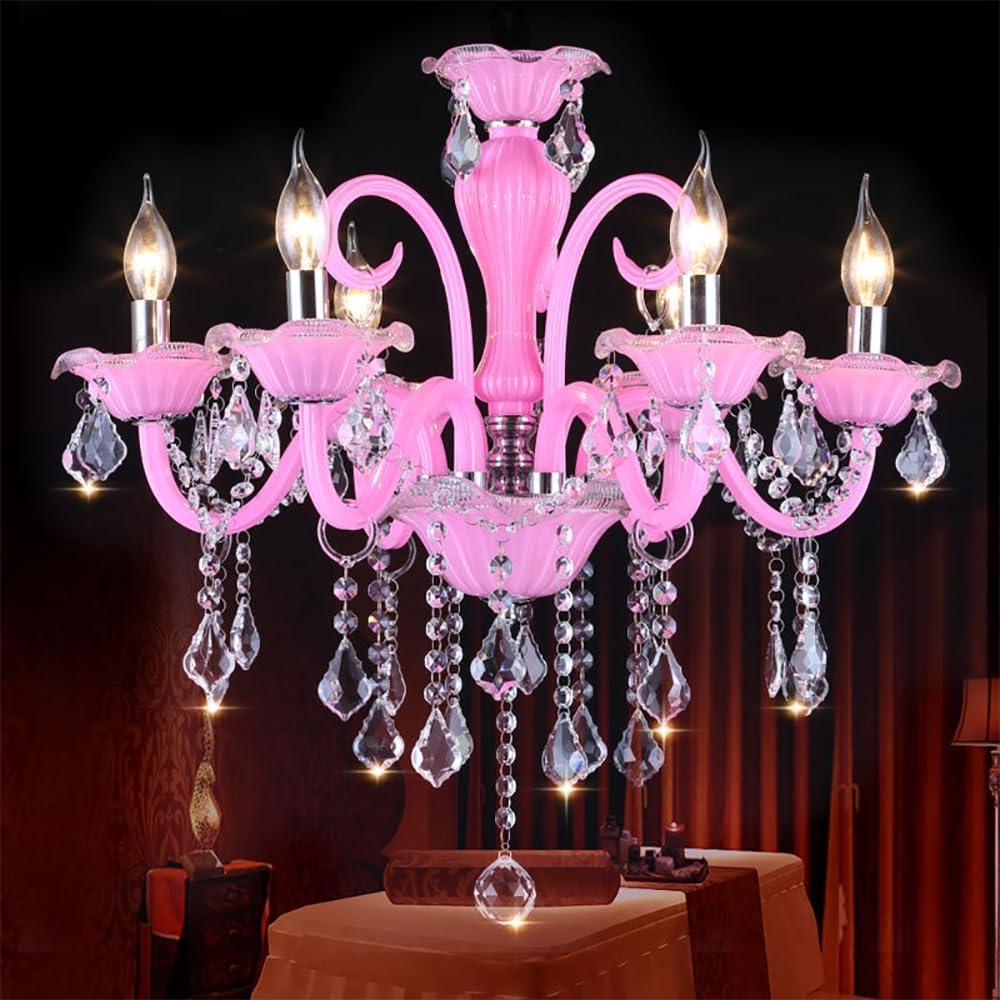 European Pink Crystal Candle Pendent Lamp Luxury Living Room Restaurant Bedroom Girl's Room Villa Clothing Store Beauty Salon Cafe Bar KTV Chandelier (C 6 Lights)