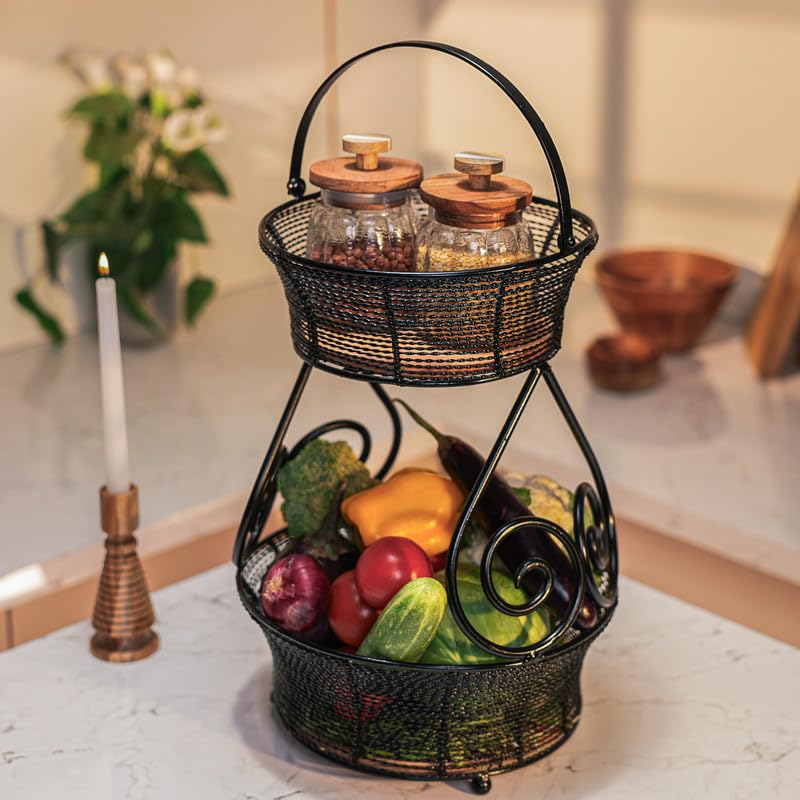 Image of Swirl Multipurpose 2-Tier Storage Basket | Acacia Wood & Iron Handles | Wooden Storage Organizer Basket | Kitchen, Living Room, Bathroom & Home Decor | Natural Finish