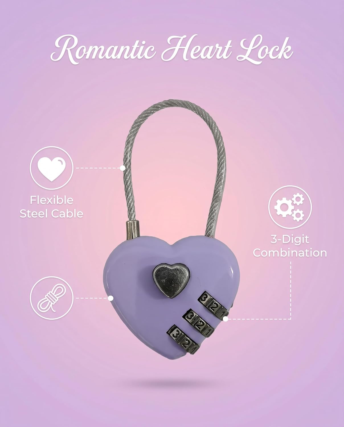Heart Shaped Combination Lock,Purple Cute Padlock,Resettable Code Lock,Small Decorative Lock for Locker, Backpack,Luggage, Diary,Jewelry Box,Gift for Women Girls(Lavender,2PCS)