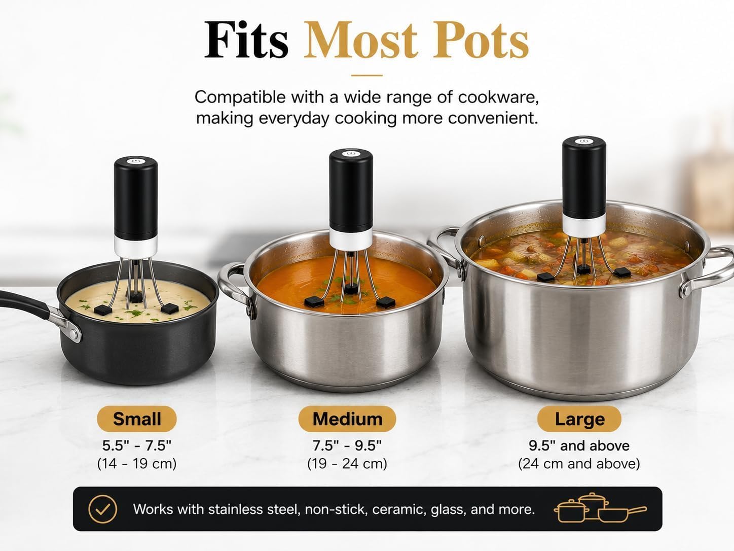 Automatic Hands Free Pot Stirrer with 3 Adjustable Speeds, Battery Operated Self Stirring Kitchen Mixer for Sauces, Soups, Gravy, Cream, Custard, Non Stick Cookware Safe, Black