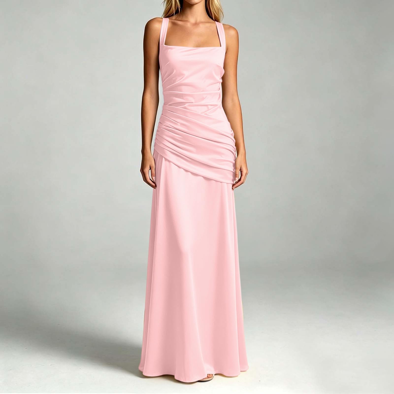 Vestido de dama de honor con tirantes delgados, plisado, línea A, vestido de noche, escote cuadrado, espalda descubierta, boda, baile de graduación