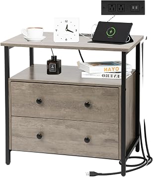 Edbuosy 27 inch Wood Nightstand with Charging Station, Wide Bedside Table with 2 Drawers, Large Night Stand with Open Shelf Gray