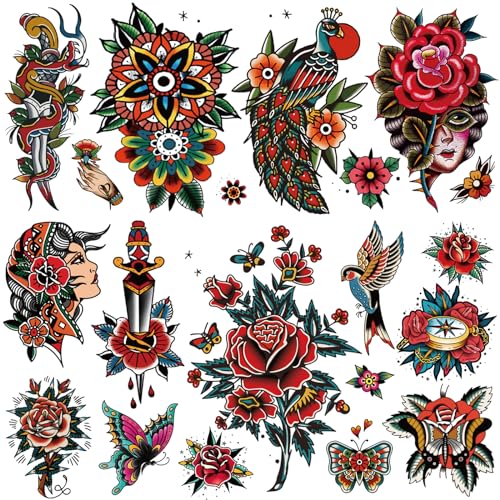 Tazimi Classic Temporary Tattoos for Adults Old School Tattoos Stickers Mix American Traditional Vintage Rose Flower Temporary Tattoos for Women Men Half Arm Chest Shoulder Fake Tattoos
