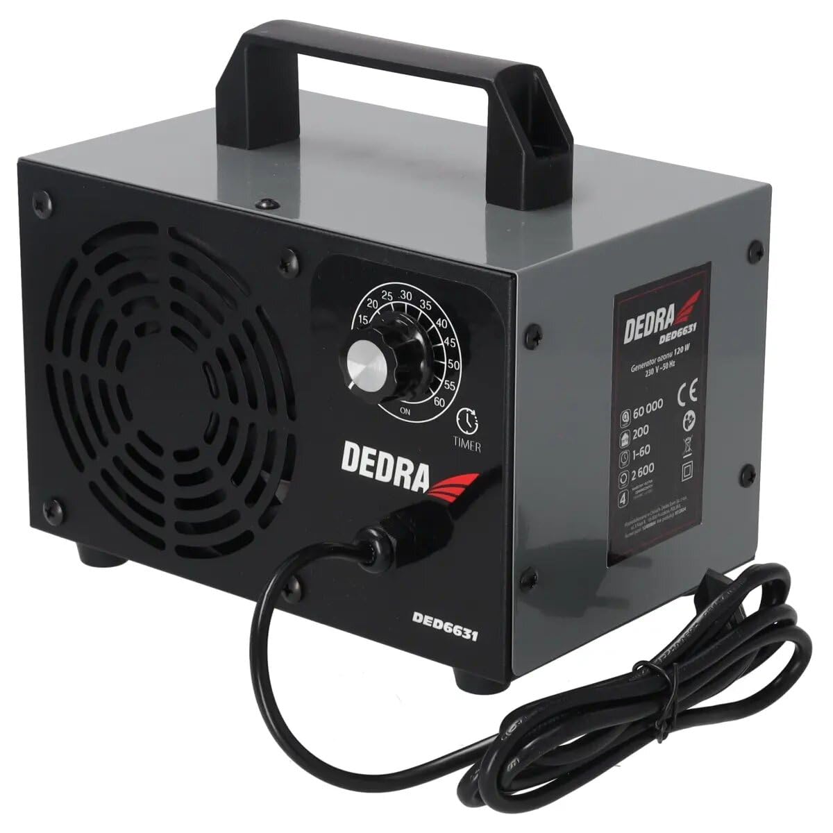 Ozon-Generator DEDRA 60000mg/h 120W stark, Timer: 1-60 min, beseitigt Gerüche und desinfiziert, Luftdurchsatz 200m³/Stunde, mit 4 ozonerzeugende Platten enthalten