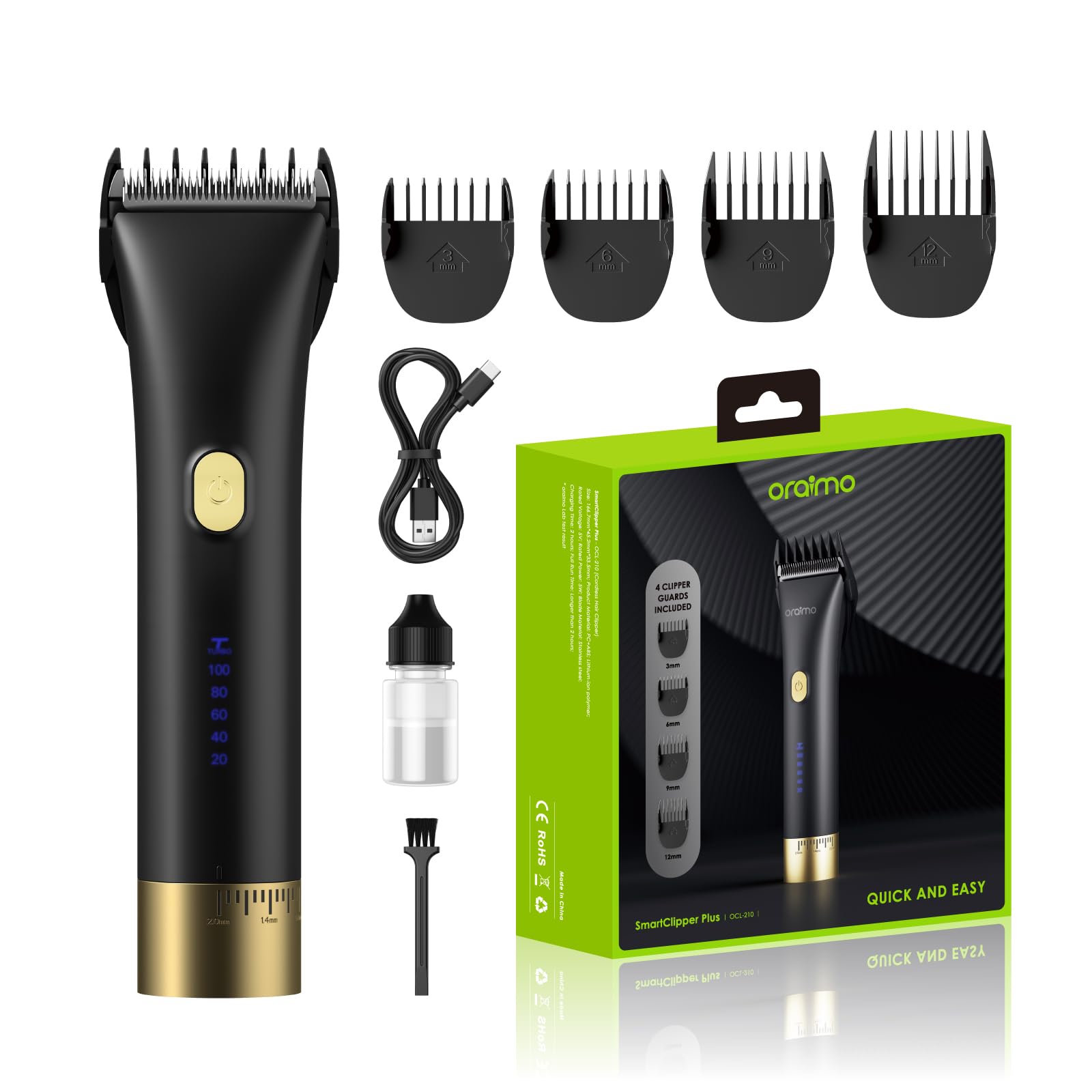 Oraimo Mens Hair Clipper Cordless Rechargeable Clippers Hair Trimmer For Men Professional Barbers Grooming Kit,150-Min Working Time With Led Display (Black)