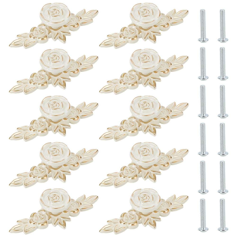 PH PandaHall 12 Sets Vintage Drawer Pulls Rose Flower Drawer Knobs Vintage Cabinet Handles Decorative Drawer Knobs Art Handles for Dresser Wardrobe Home 4x1.7 Inch, Ivory White