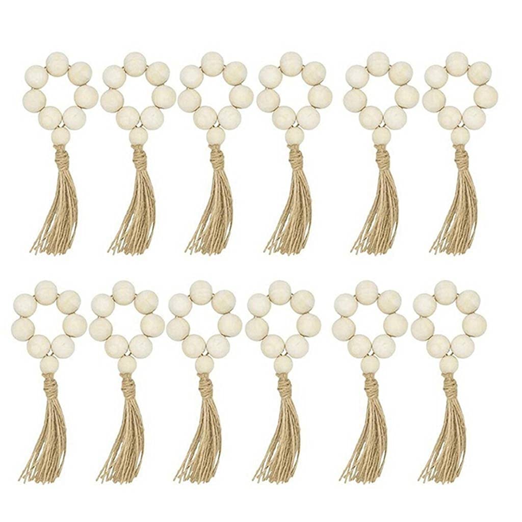 12Pcs Wood Bead Napkin Rings with Tassels Rustic Farmhouse Wood Beads Garland Wall Hanging Decor Weddings Home Decor