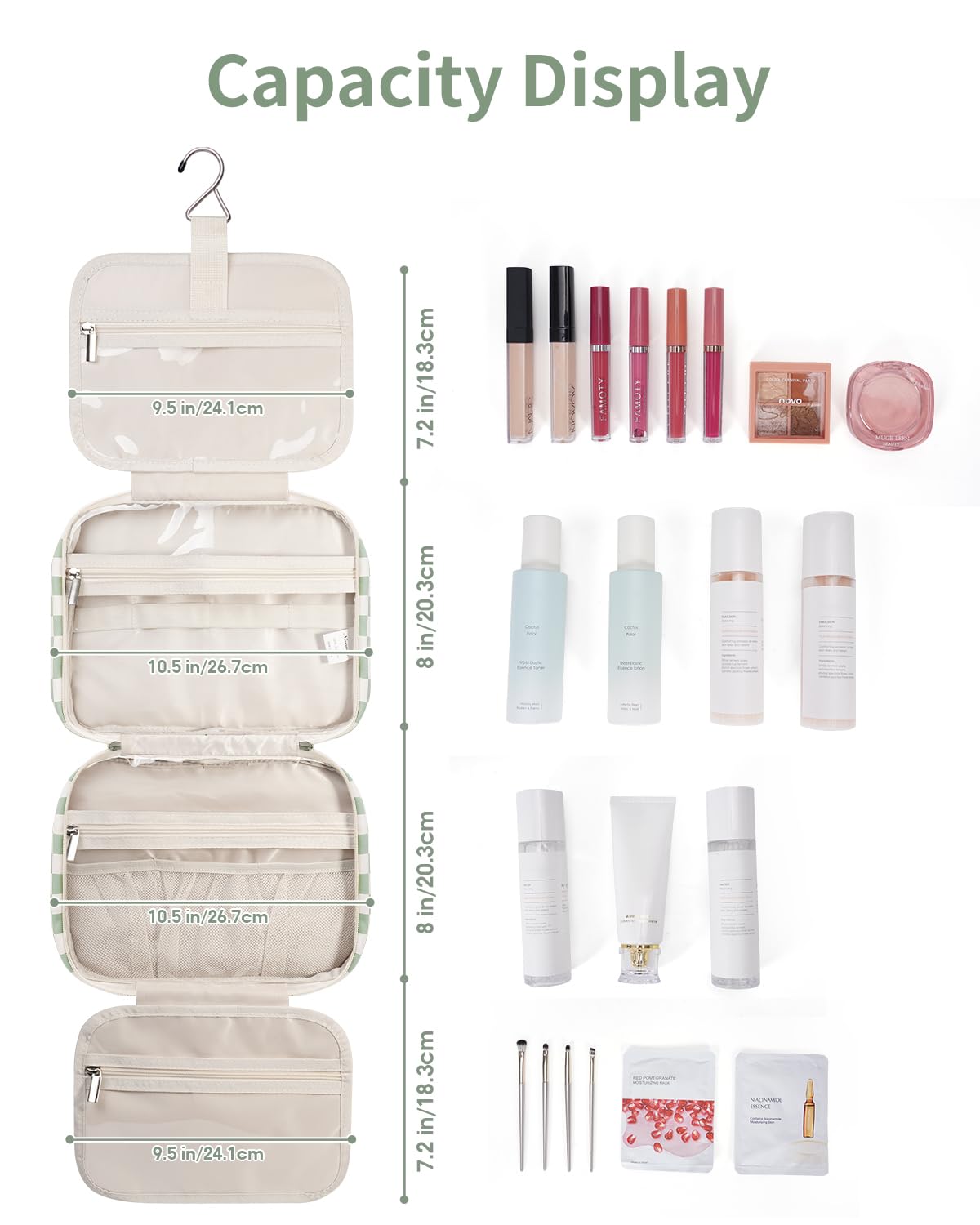 Narwey Checkered Hanging Travel Toiletry Bag for Women Wash Bag Cosmetics Makeup Bag Organizer for Travel Size Accessories(Checkerboard Mint Green (Medium)) - 3