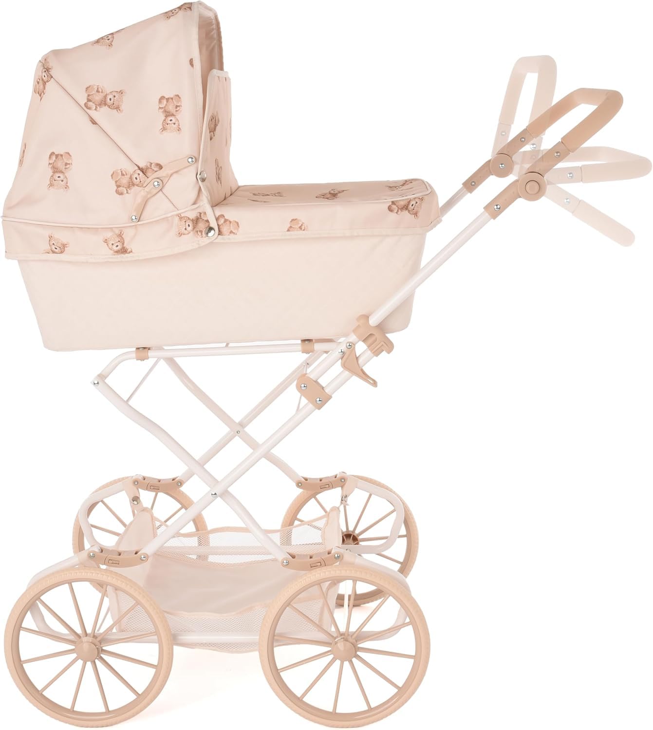 Roma Teddy Reborn wózek dziecięcy dla większych lalek, uroczy miś, regulowany uchwyt 62,5-93 cm, zabawka dla chłopców i dziewczynek, styl vintage z koszem, akcesoria dla lalek.